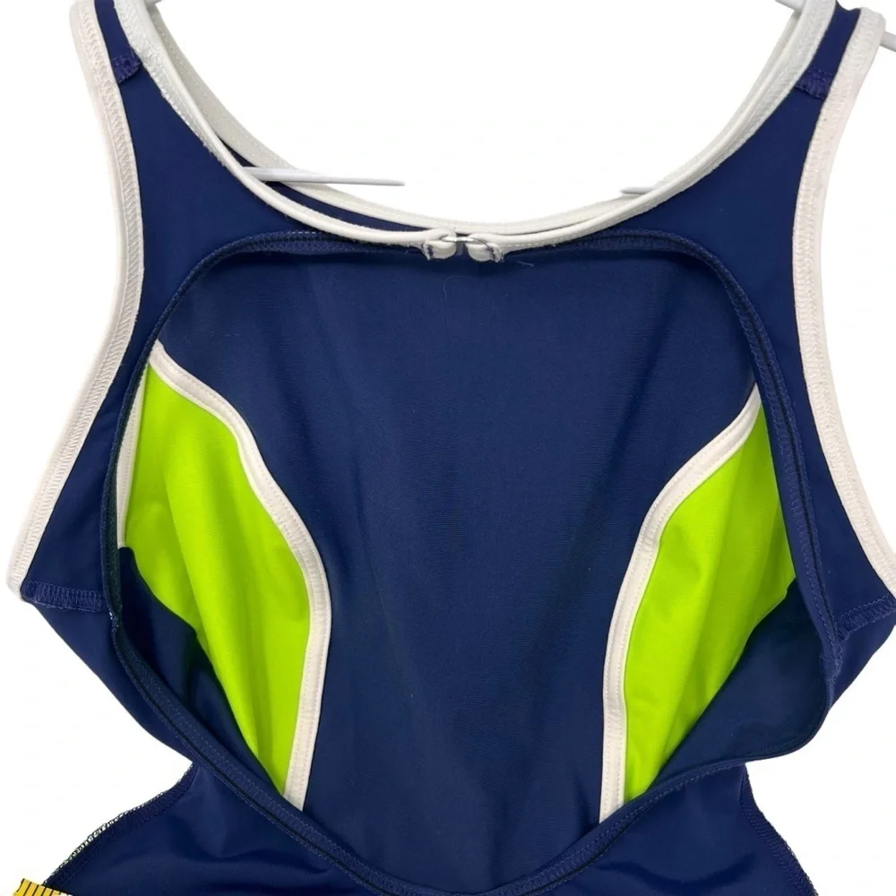 Vintage Jantzen One Piece Racerback Swim Suit Navy Blue Lime Green Retro Size 12